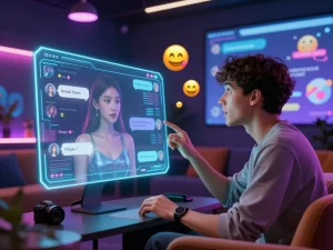Engaging in a porn AI chat, user interacts with a holographic chatbot in a vibrant digital lounge atmosphere.
