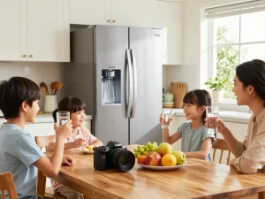 Waterdrop Replacement for Frigidaire® & Electrolux® WF2CB® showcased in a bright kitchen with family enjoying filtered water.