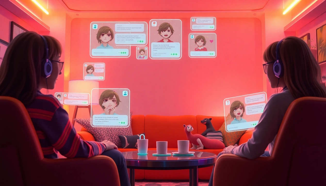 Engaging character AI NSFW interaction in a cozy futuristic room with holographic screens and animated avatars.
