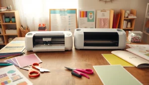 Comparative view of silhouette vs cricut machines in a vibrant crafting workspace.