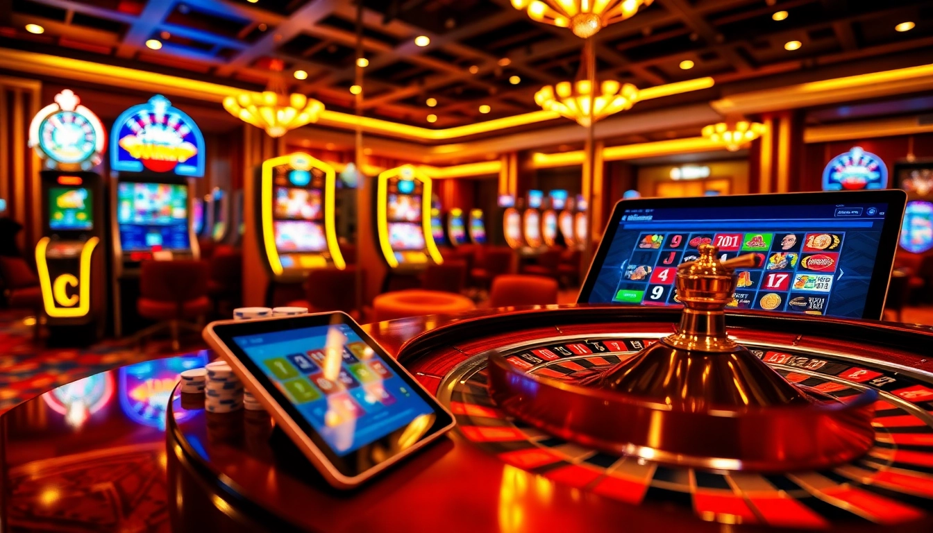 Engage in exciting idn slot gaming at a luxurious casino with colorful slot machines and glossy poker chips.