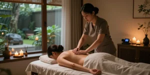 Relaxation atmosphere during a 구로마사지 session with therapist and serene spa setting.