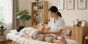 Expert treatment at 영통한의원 showcasing holistic healing with acupuncture in a peaceful clinic.