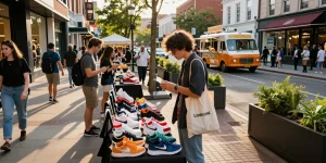 A stylish shopper at https://shs-dome5.com/ exploring vibrant replica sneakers in a lively outdoor market.