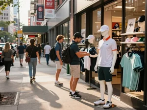Stylish golfwear replicas showcased in a vibrant urban boutique setting