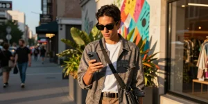 Individual browsing https://shs-dome5.com/ trends in vibrant urban fashion, surrounded by street art.