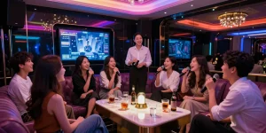 Experience vibrant nightlife at 강남 가라오케 with friends enjoying drinks and singing in luxury.