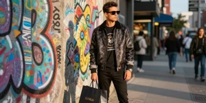 Stylish male model featuring 레플리카 fashion in an urban setting with vibrant city backdrop.