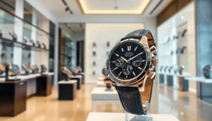 Admiring super clone watches showcased in an elegant boutique, emphasizing their luxury and craftsmanship.