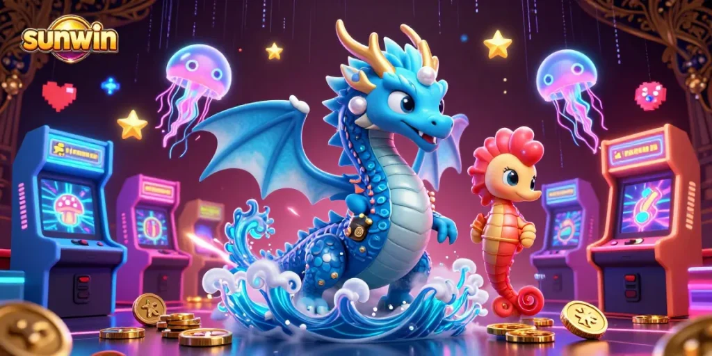 Experience an engaging gameplay scene with sunwin featuring a dragon, a knight, and jellyfish elements.