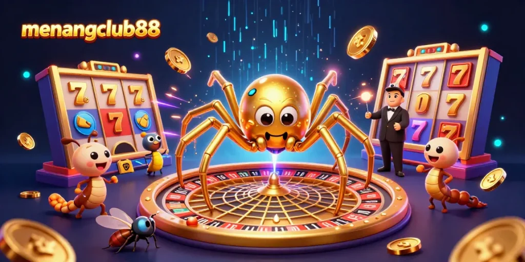 Experience the excitement of menangclub88 as a fly places bets at a roulette wheel spun by a centipede croupier.