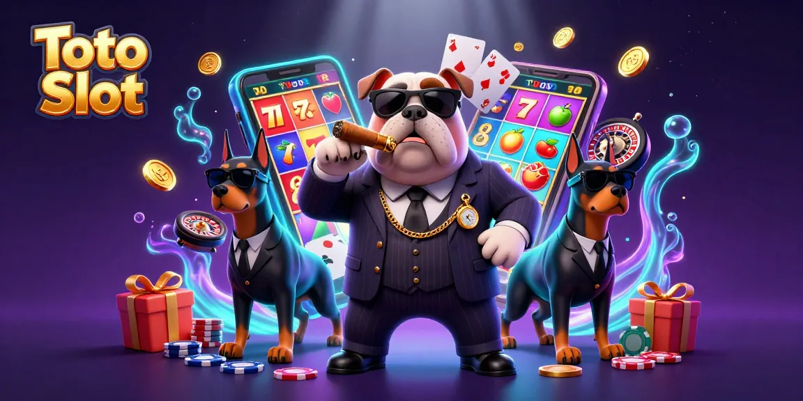 Toto Slot illustration showcasing a mafia bulldog with his Doberman guards amidst colorful slot game action.