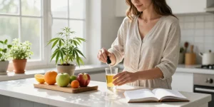 Ministry of Cannabis CBD oil and hemp extract featured in a morning wellness routine with fresh natural ingredients.