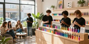 Discover vape UK options with a vibrant vape shop scene showcasing diverse customers exploring colorful vaping products and e-liquids.