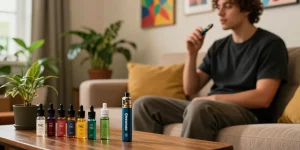 Relaxed individual using Weed vape in cozy living room with colorful THC vape e-liquid products.