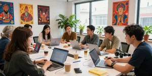 Engaging cultural content creation at https://hanadultalk.com with a diverse group collaborating.