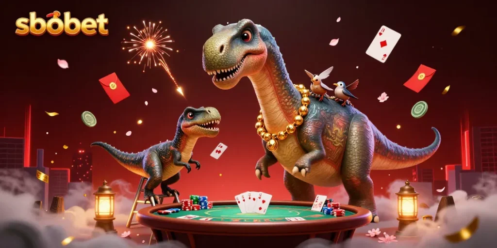 Experience thrilling poker action with sbobet in 3D, featuring dynamic dinosaur gaming scene.