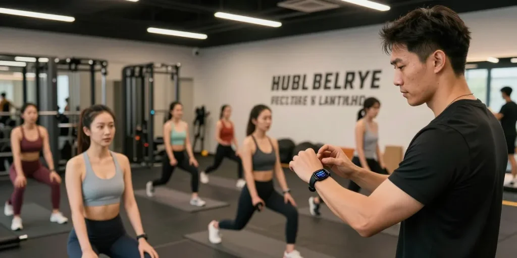 Ruang kebugaran dengan demonstrasi fitur smartwatch https://www.polarfitbitshop.com/fitbit-luxe/ oleh pelatih kepada kelompok, menampilkan aktivitas fitness.